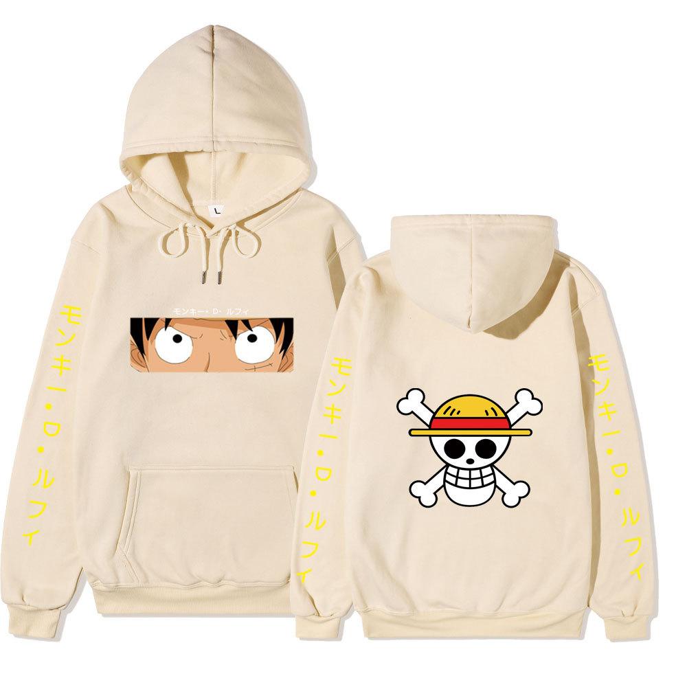 Unisex One Piece Monkey D Luffy Double‑Sided Print Fleece Hoodie, Both‑Sleeves Japanese Text Anime Pullover Hooded Sweatshirt Streetwear