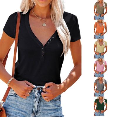 Nuovo abbigliamento europeo e americano Primavera Estate 2025 sexy scollo a V top T-blood manica corta Donna