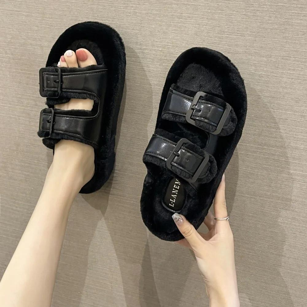 Fashion Thick Soled Hairy Slippers Women's Outdoor Wear  New Autumn and Winter Fashion Leather Buckle Plush Cotton Slippers Women Shoes