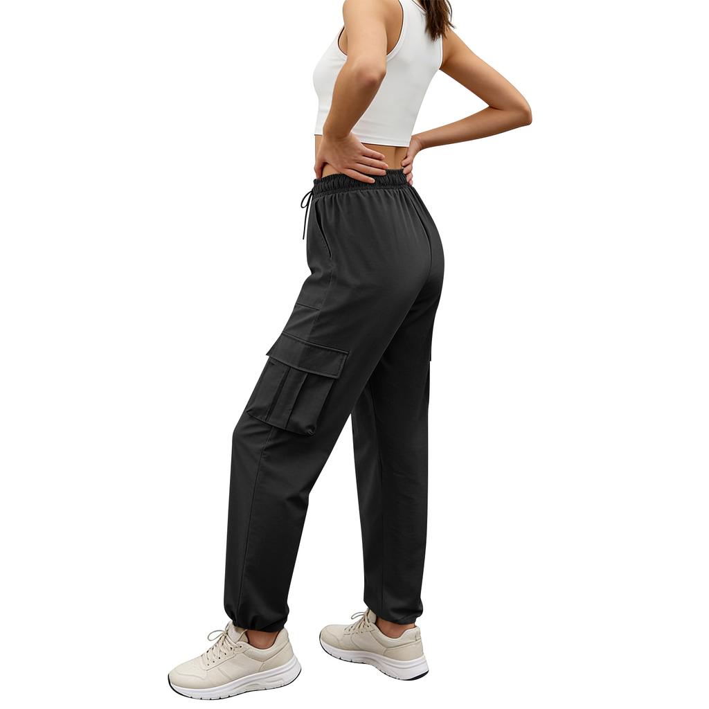 Women’s Loose Fit High Waist Cargo Pants with Multiple Pockets Elastic Waistband Drawstring Hem Casual Trousers for Daily Wear