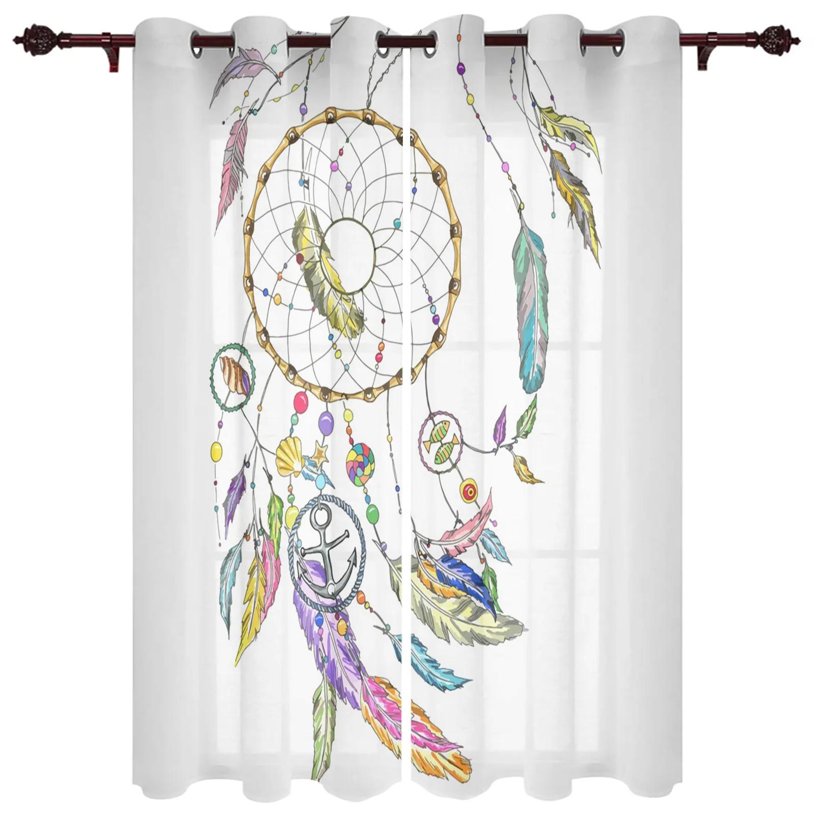 

Boho Style Dream Catcher Watercolor Feather Pattern Modern Style Window Curtains great for Living Room Kitchen Curtain Blinds Drapes 2panels (W50H130cm)-2pcs&Hook