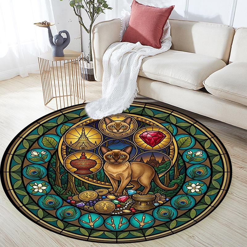 Glass Cat Mandala Round Area Rug Under Office Chairs Bedroom Living Room Home Decor