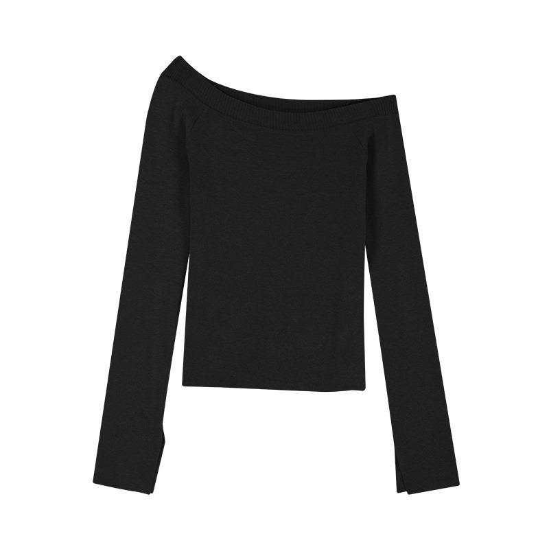 

Вязаный свитер с разрезами по низу женский весенний чистое желание ветер открытые плечи базовый топ с диагональным воротником на одно плечо с длинным рукавом внутренний L чёрный