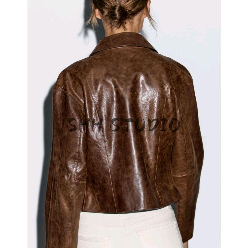 MD New Fall Women's Clothing Frank Cool Wind Fancy Poly Urethane Leather Short Lapel Leather Coat 4737587