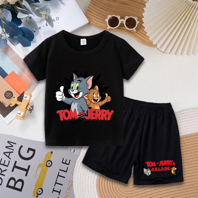 Tom and Jerry T-shirt Shorts Set Cute Cartoon Printed Casual Wear Fashion Summer Boys Girls Clothes Birthday Gift Tops Sportwear