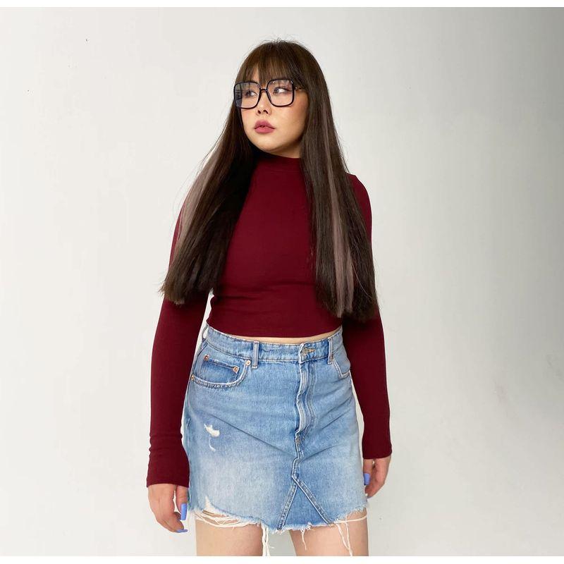 

Miss Biggie Fashion Plus Size Slim Looking Easiest for Match Rib Cotton Spandex Half-High Collar Long Sleeves Short Top T-shirt Deep wine red XL