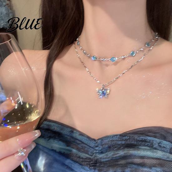 Lightweight Butterfly Jewelry Blue Necklace Women Rhinestone Choker Pendant Versatile