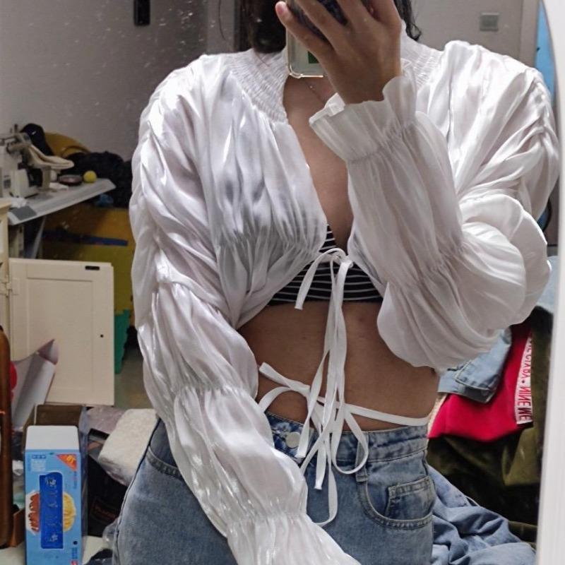 2KWEIRD Y2K Vintage Lantern Sleeve Whige T-shirt Aesthetic Fairycore Grunge Crop Top Women Sexy Hollow Out Bandage Tees Streetwear