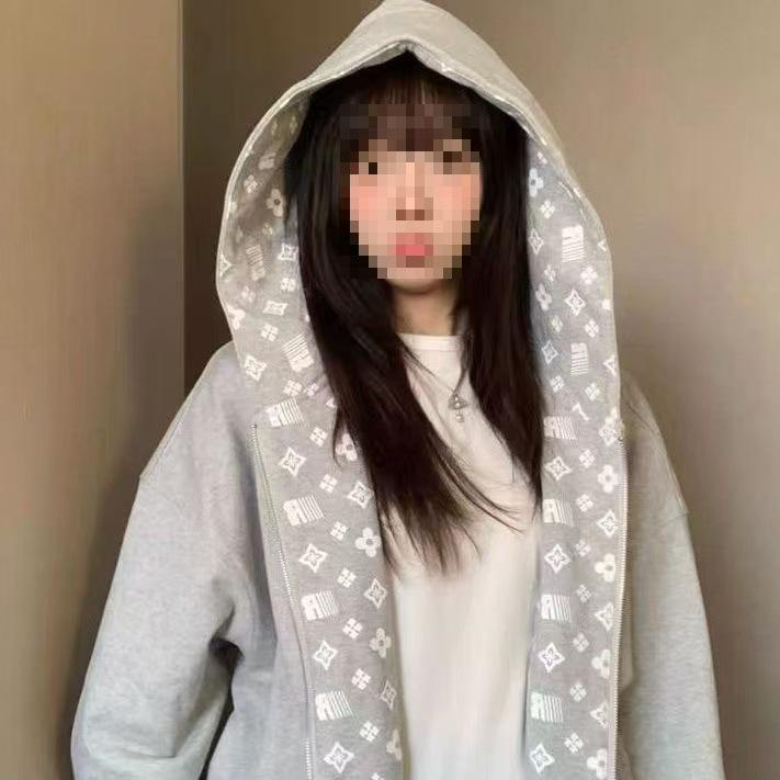 American Sweet Cool Pattern Embroidered Hooded Sweatshirt - Women s Autumn Loose Cardigan Medium серый