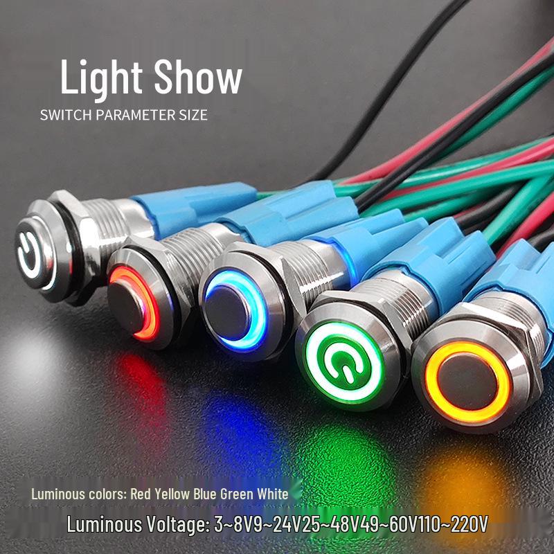 12mm Illuminated Metal Push Button Switch, 12V/24V, Dustproof, Industrial Certified.