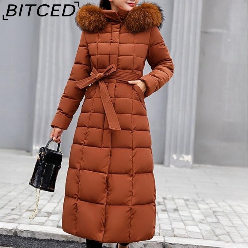 

BITCED Winter Women s Cotton Coat - Extended Length with Large Fur Collar Thickened Long-Length Women s Down-Filled Cotton Jacket XXXL коричневый