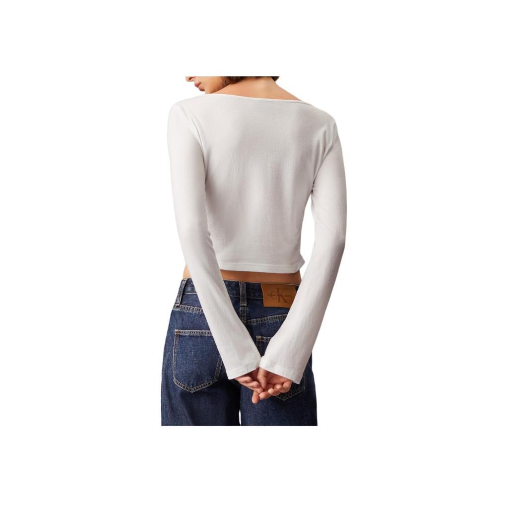 Calvin Klein Minimalist Comfortable Versatile Side Pleat Ribbed Knit Long Sleeve T-Shirt Women Tops Bright-White J225097-YAF