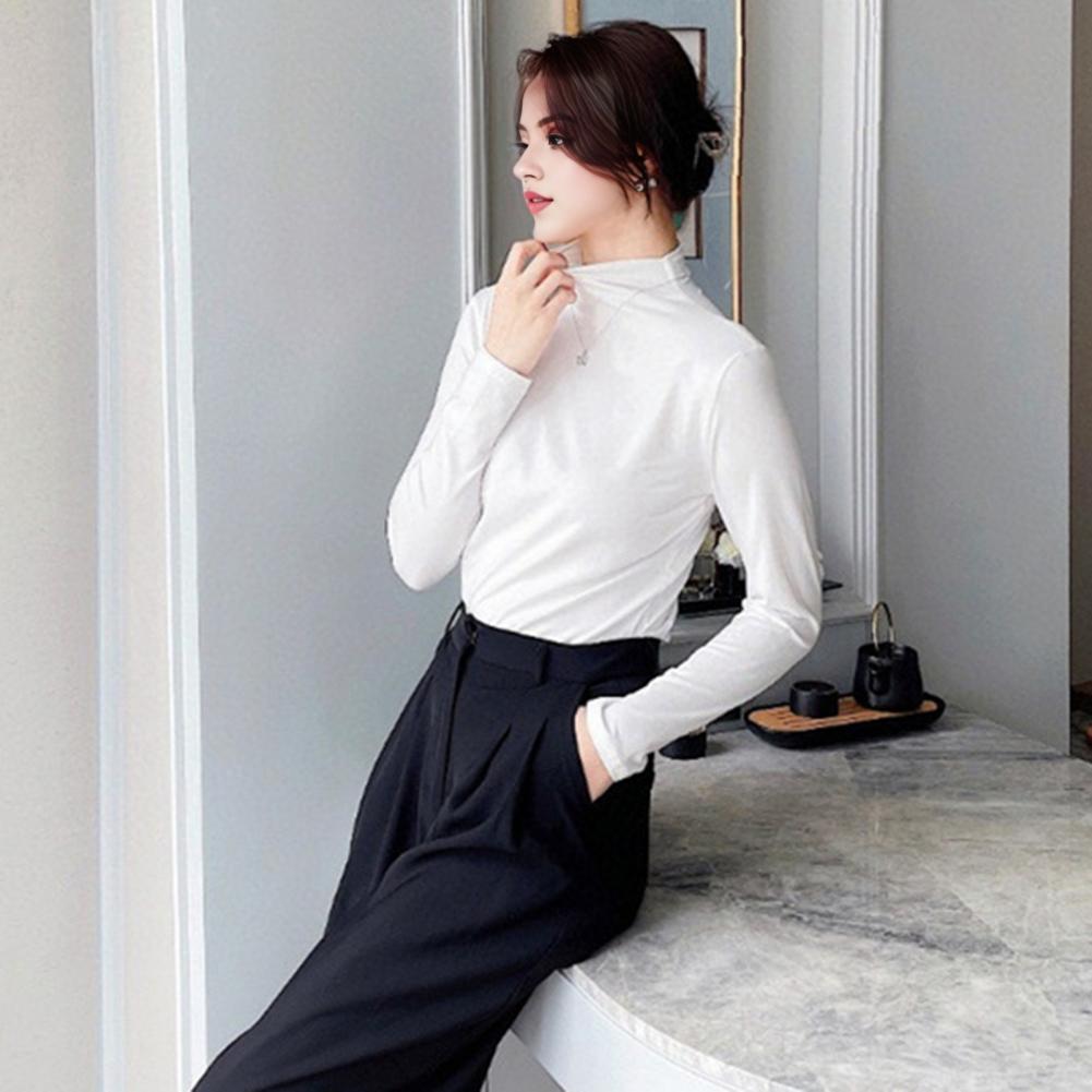 Soft Long Sleeve Blouse Stylish Women's Long Sleeve Tops Slim Fit Half-high Collar Shirt Solid Color Bottoming for Daily for A