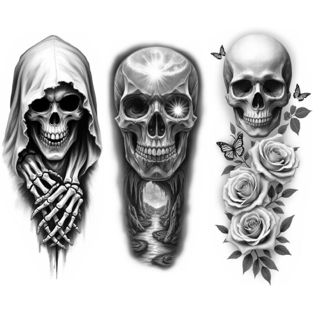 3 Stück Temporäre Tattoos Realistische Temporäre Tattoos Verzierter Totenkopf Totenkopf Tattoo Kapuzen-Skelett Für Erwachsene Männer Oberschenkel