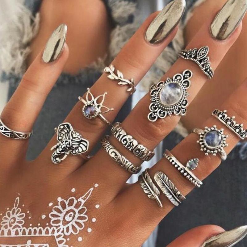 Silver Retro Punk Boho Ring Set 74