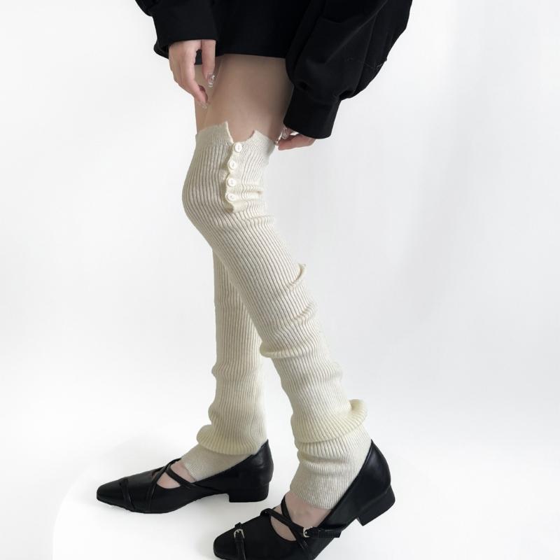 Japanese Ballet Styles Thigh High Leg Warmer Ribbed Knitted Split Buttons Over Knee Footless Socks for Fashionable Women
