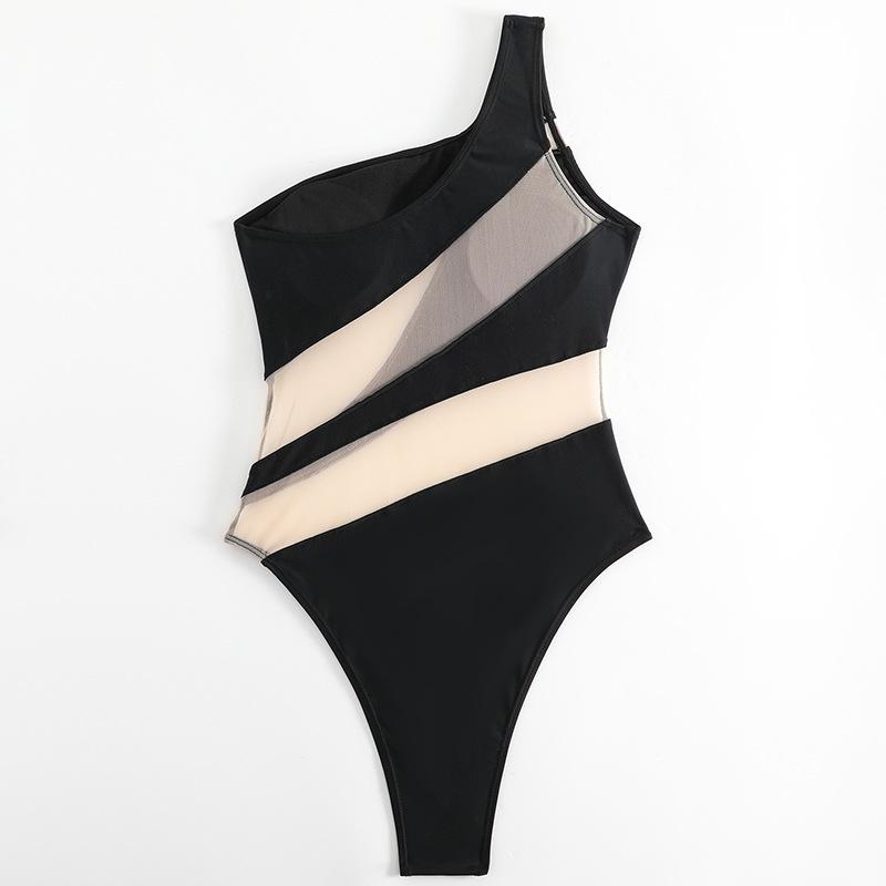 2023 European & American Women's One-Shoulder Swimsuit - Sexy Solid Color Patchwork Fashion