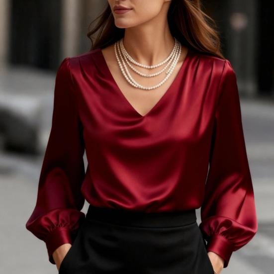 Camicia da Donna Manica Lunga Scollo a V Manica a Palloncino Texture Raso Pullover Top Colore Unico Vestibilità Larga Lavoro Festa Appuntamento Viaggio Top Casual