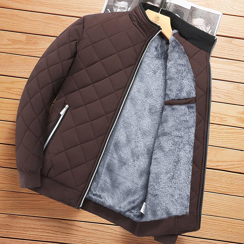 Autumn Winter Bomber Jacket Men Diamond Pattern Fleece Lined Casual Jacket Men Fashion Clothing Slim Fit Coat