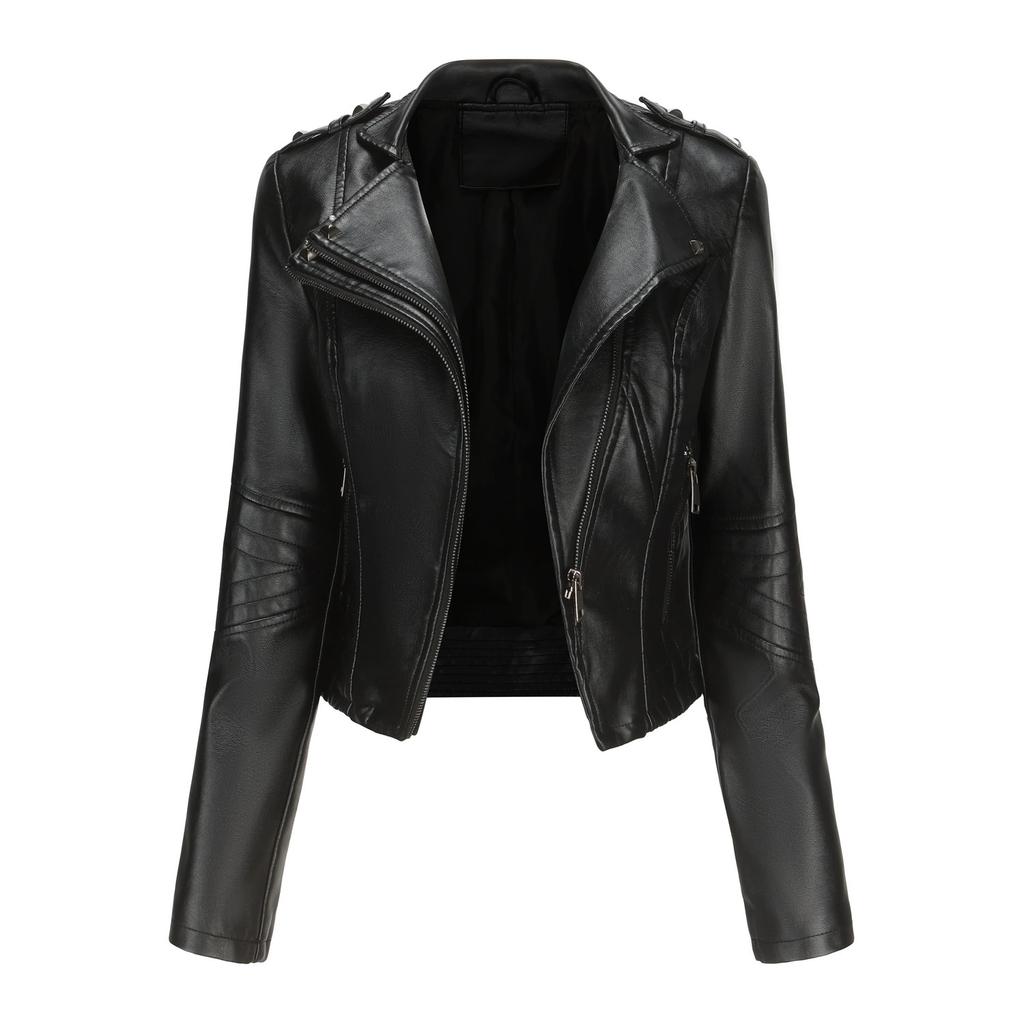 Slim Fit Long Sleeved Spring and Autumn Leather Jacket Women's Rivet European and American Popular Short Jacket Zipper Leather Jacket