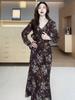 Twilight Rose Women's Retro Floral Ruffle Dress - Autumn/Winter Slim Fit