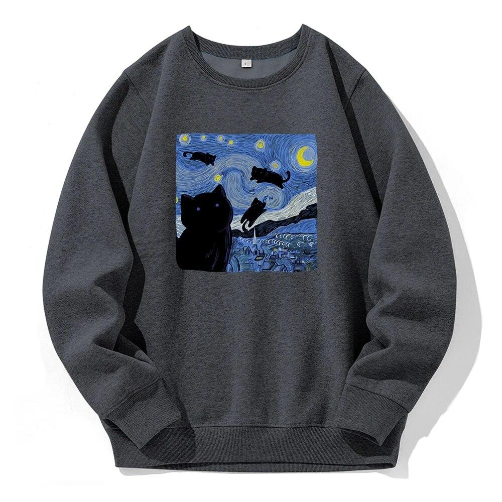Pictură în ulei Pisică neagră Noapte înstelată Imprimare Glugă Unisex Moda sportivă Noi Hanorace Fleece Hanorac cald Hanorac largi supradimensionat