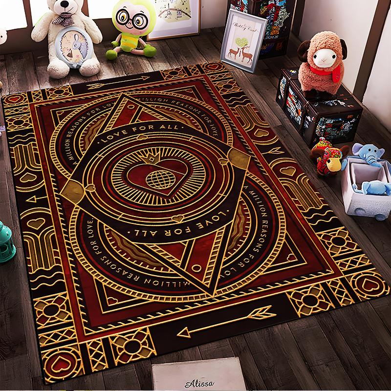 Geometric Pattern Carpet with "Love for All" Text, Red and Gold Design Suitable for use as an anti-slip for living room bedroom sofas