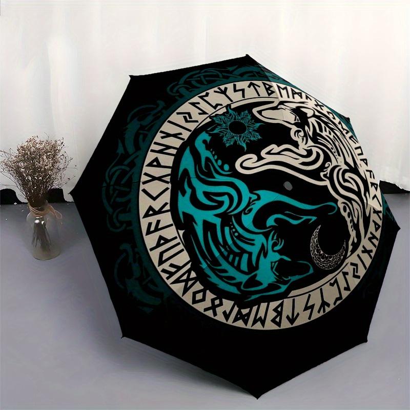 Viking Wolf Rune Circular Norse Symbol Decal Laptop Vinyl WaterproofUmbrella, Portable 3-Fold Umbrella for Men & Women,Christmas Gift ES312