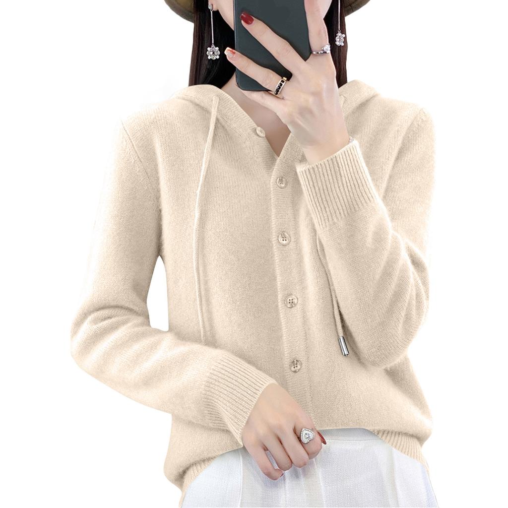 Women's Fashionable Color Hooded Drawstring Long Sleeved Button Loose Base Sweater Knitted Sweater Top