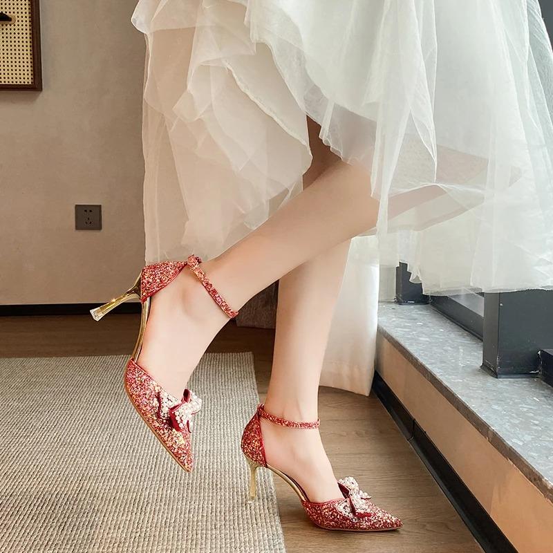 Fashion 2024 New Pearl Bowtie Thin Heels Wedding Shoes Women Bing Shiny Ankle Strap Pumps Woman Sexy Pointed Toe Sequins High Heel Shoes