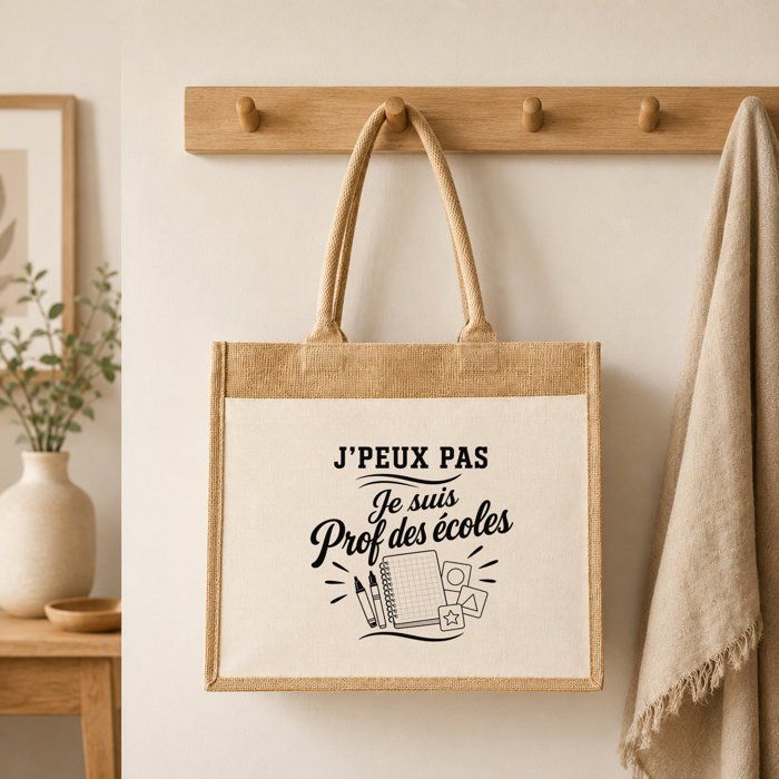 Sac Cabas Jute avec Poche J’peux pas je suis Prof des écoles J'peux pas minimaliste | Toile de Jute et Coton 21 L Fond Plat Anses