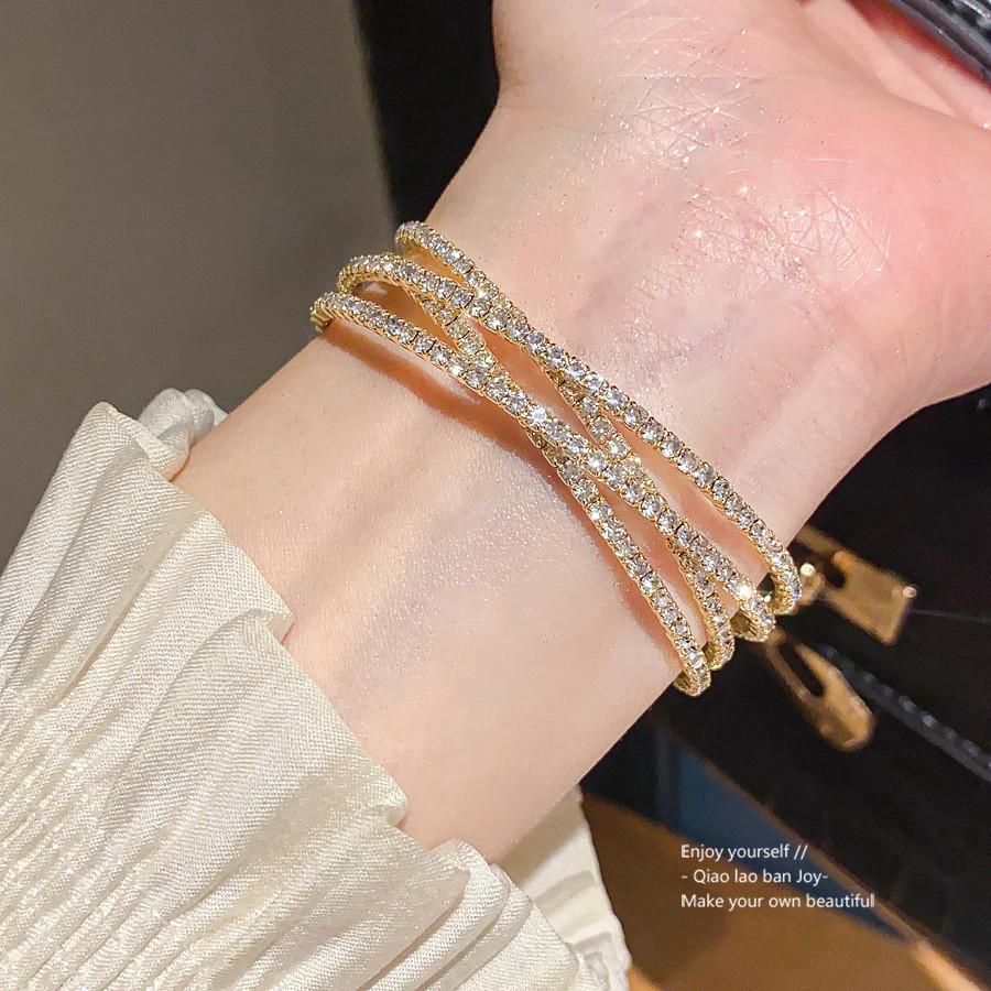 No Ip Geometric Multilayer Cross Opening Bracelet With Rhinestone Accents For Elegant Women