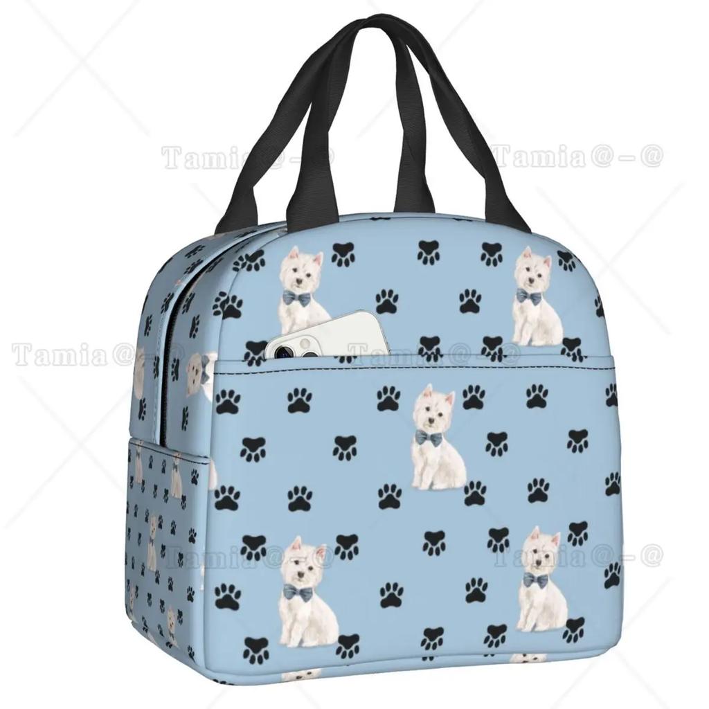 Westies Polka Dot Cartoon Pattern Insulated Lunch Bag Leakproof West Highland White Terrier Dog Thermal Cooler Lunch Tote Kids
