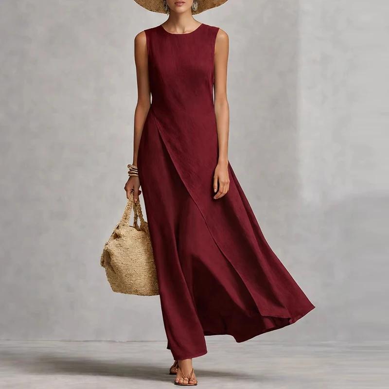 

Summer Maxi Dresses For Women Casual O Neck Sleeveless Loose Asymmetrical Hem Long Dress Women Elegant Beach Holiday Sundress 3XL