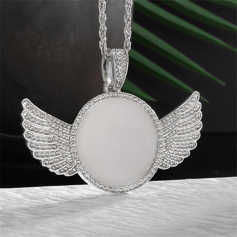 Htpwe Angel Wings Mirror Photo Memorial Pendant Inlaid with Ice Crystal Zirconia Necklace Couple Trendy Zircon Birthday Gift