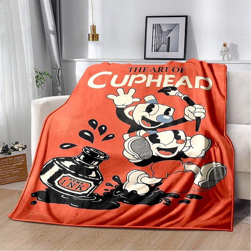Cuphead & Mugman Flannel Blanket, Soft Throw with "Don't Deal With The Devil" Print, Cozy Bedding for Retro Game Fans