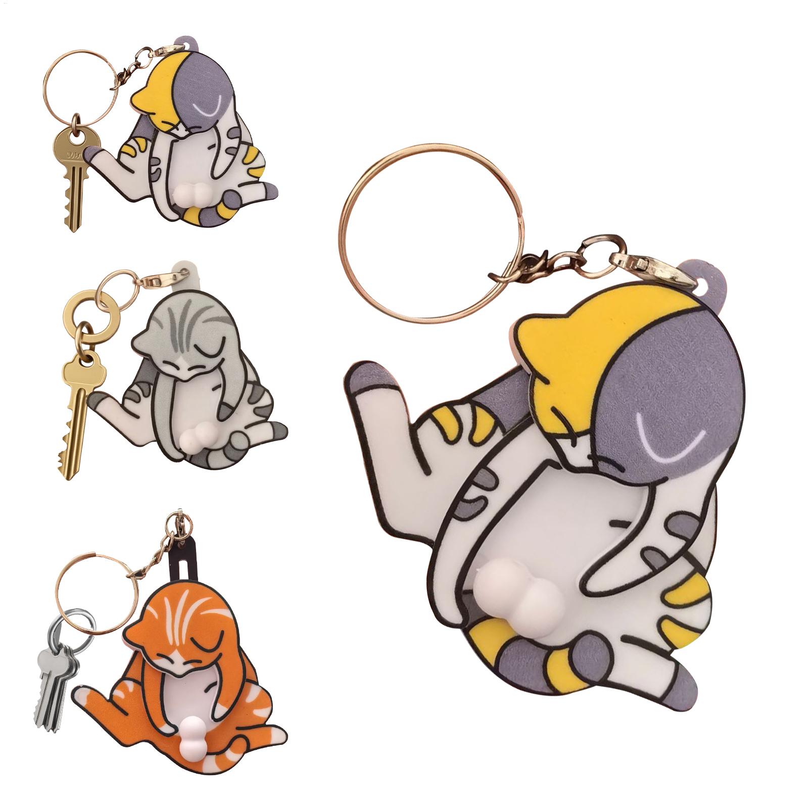 Grappige ondeugende kat sleutelhanger, Interactieve uittrekbare kop poot Nieuwigheid sleutelhanger, Schattig grap speelgoed cadeau voor kattenliefhebbers vrienden white