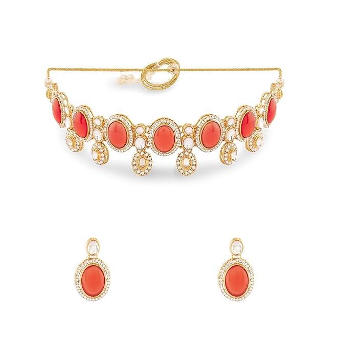Orange Stones Austrian Diamonds Embellished Choker Necklace & Earring Set For Women