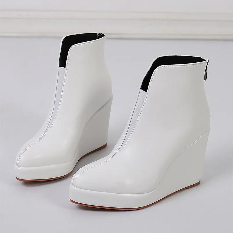 New Autumn Early Shoes Women Ankle Boots Platform Fashion Ladies Wedge Heels 10cm Pure Black White Big Size 42