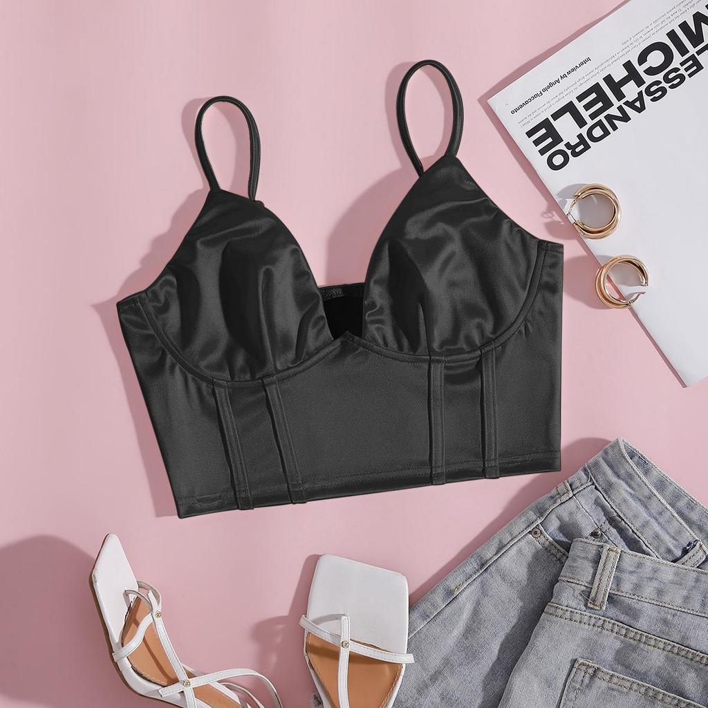 Satin Tank Top Solid Halter Crop Tops Women Summer Adjustable Shoulder Strap Camis Backless Camisole Casual Tube Female Sleeveless Cropped Vest