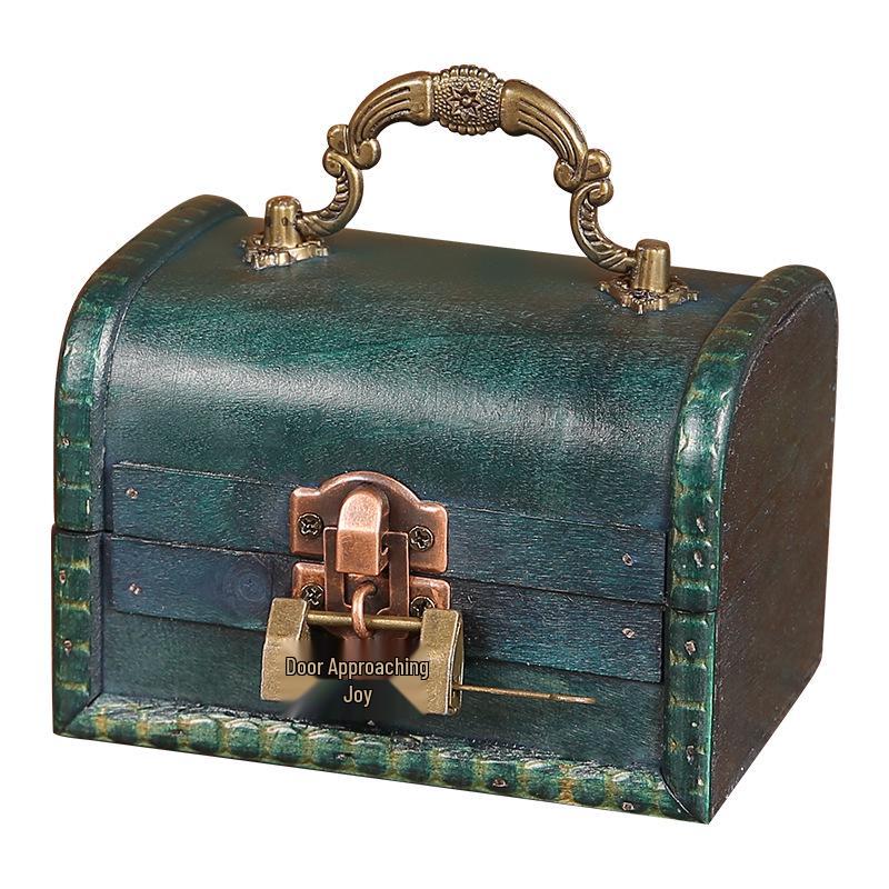 Vintage Wooden Jewelry Box with Combination Lock and Handle for Film Props