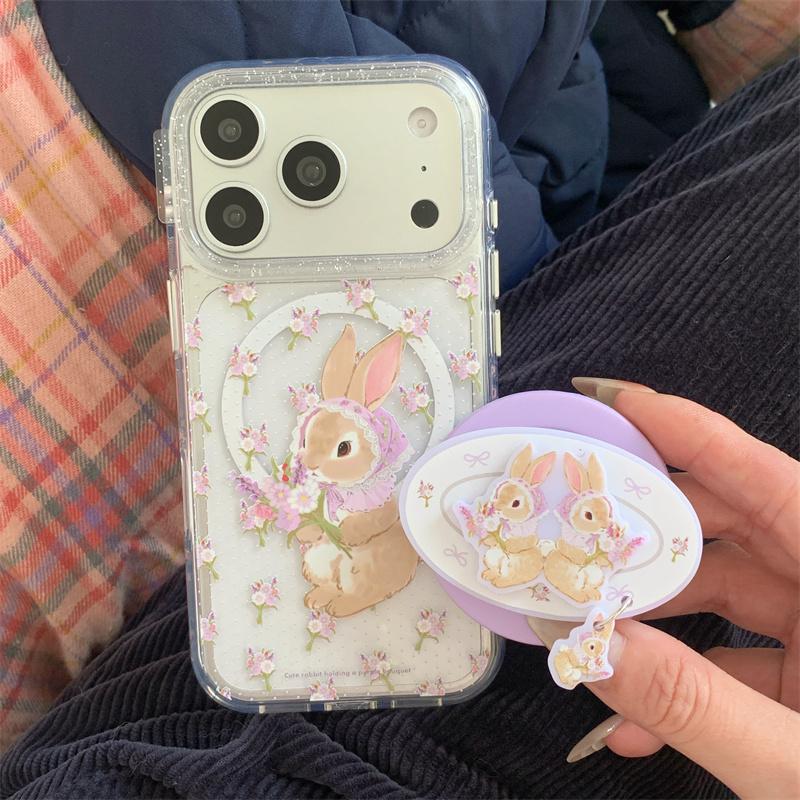 New 2026 Cute Floral Bunny Magnetic Phone Case For iPhone 17 16 15 14 Pro Max Bling Lens Pink Purple Clear Shockproof Cover For