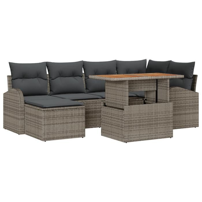 VidaXL Ensemble de salle à manger de jardin 7 pièces avec coussins en poly rotin gris et acacia 3349607