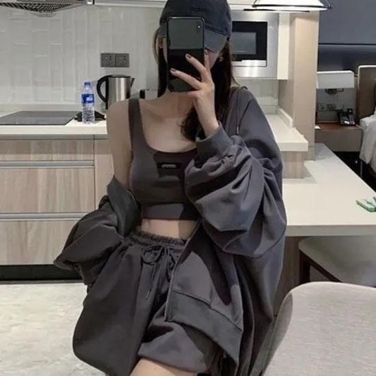 3PCS Senhoras Casual Sports Terno Primavera e Verão Cool Girl Solto Fino Suéter Zíper Cardigan + Colete + Shorts de Perna Larga Conjunto de Três Peças Agasalhos