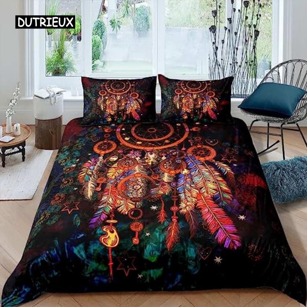 Boho Duvet Cover Dreamcatcher Rustic Floral Mandala Galaxy Duvet Cover Set Bohemian Native Ethnic Exotic Customs for Decorative