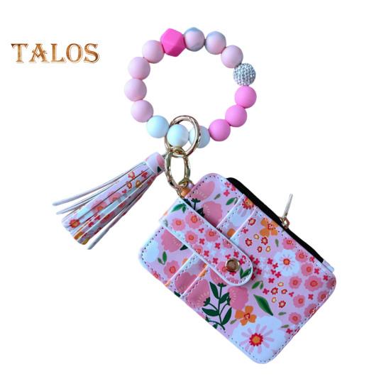 Damen-Geldbörse mit Blumenmuster, Boho-Stil, Münzbörse, Schlüsselanhänger mit Quaste, elastischer Armband-Geldbörse mit Perlen und Sichtfenster für Ausweise, zum Einkaufen, Reisen, Alltag