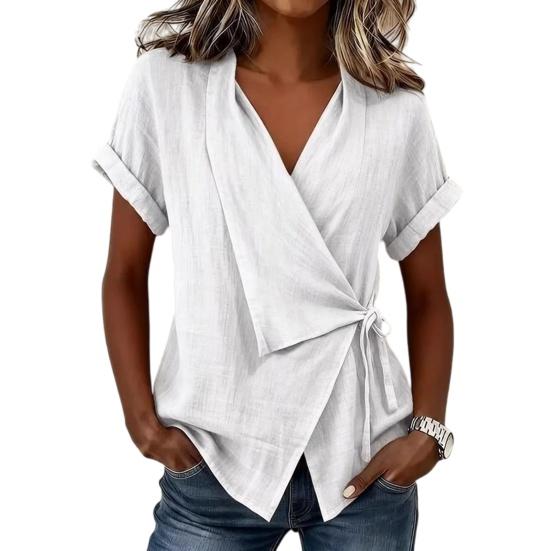 Women Tops V Neck Short Sleeve Pure Color Shirt with Side Tie Irregular Loose Fit Tee Shirt Summer Daily Wear