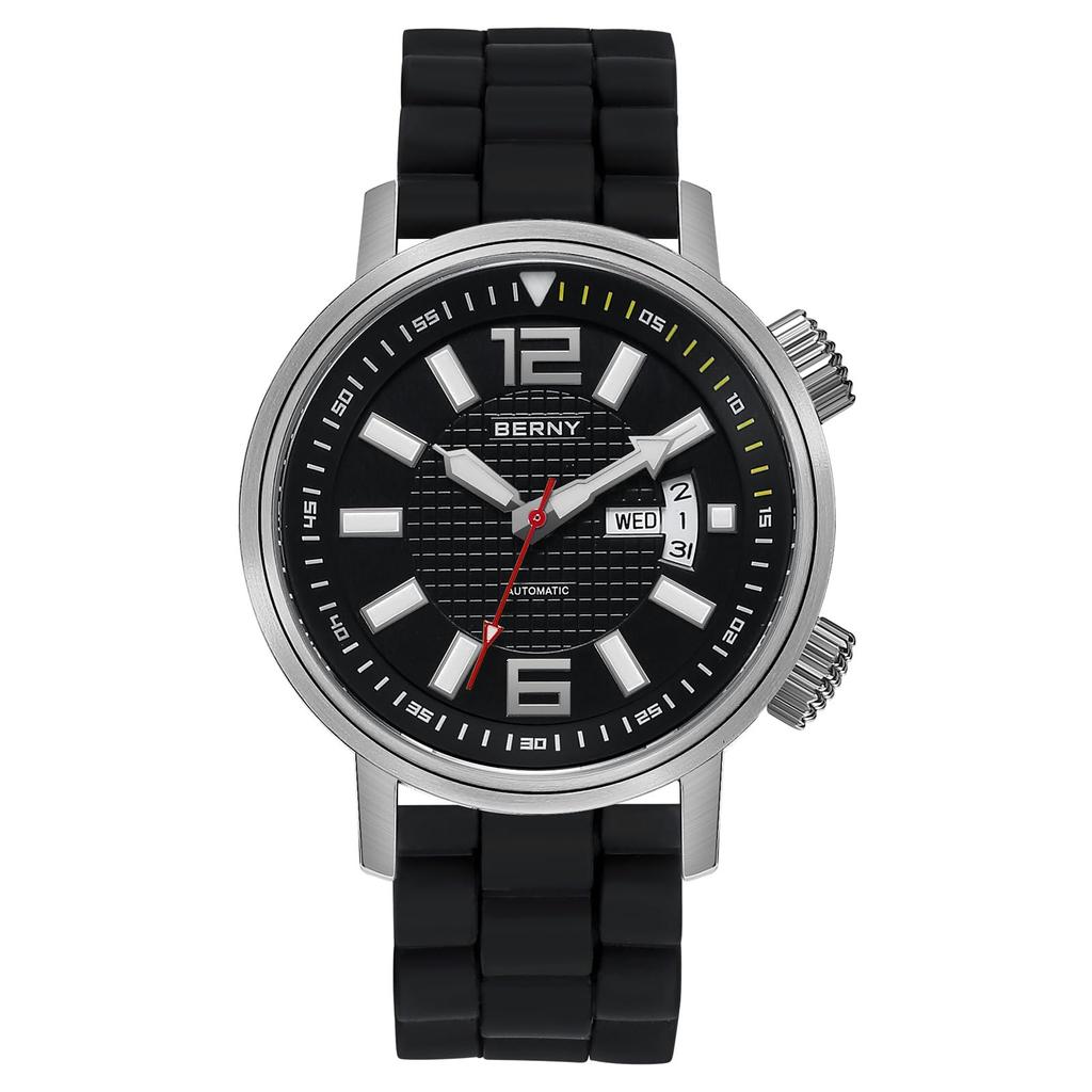 BERNY Men's Automatic Mechanical Dive Watch Sports Silicone Strap Waterproof 20ATM Sapphire Glass Scratch-Resistant Super Luminous