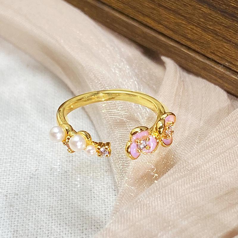 Gold Medieval Vintage Enamel Peach Blossom Butterfly Ring Niche Light Luxury High Sense French Retro Ring Woman