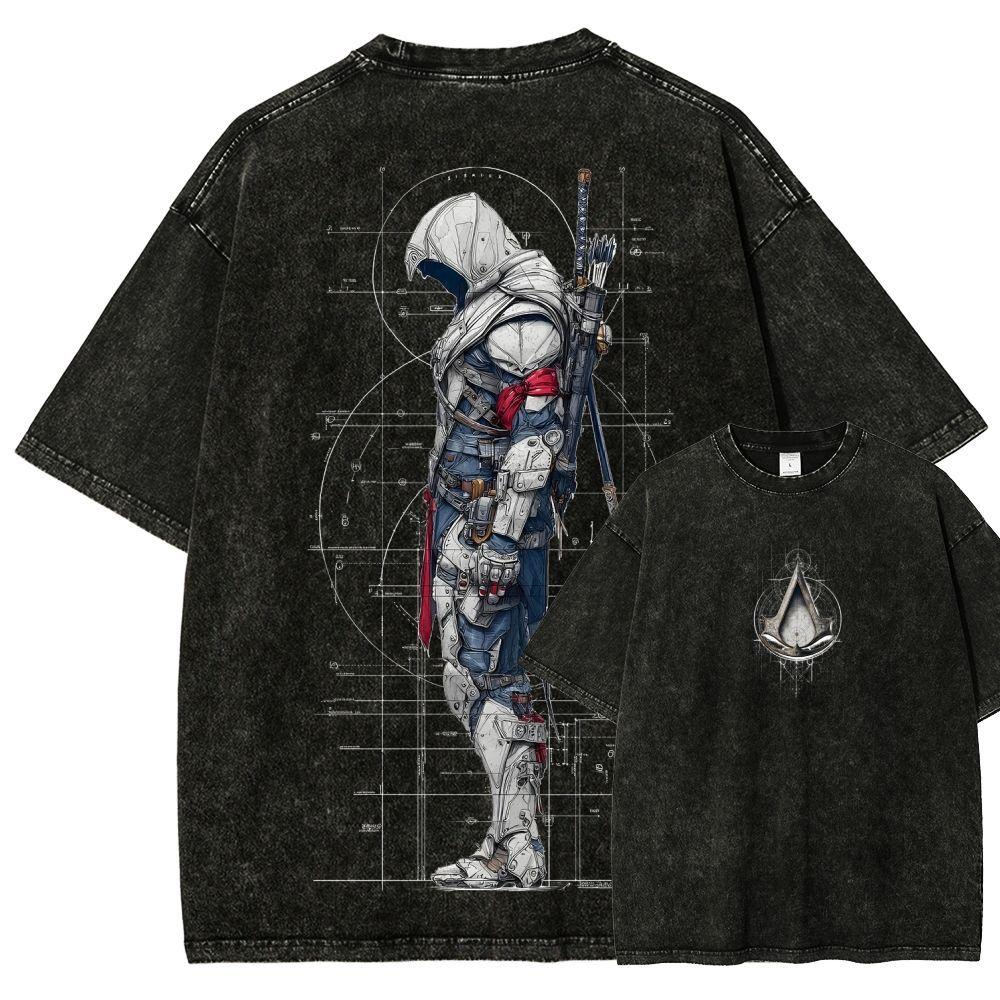 Fit Assassin's Creed Sergio Red and White Assassin Emblem Double-sided Washed Made Old Short Sleeve T-shirt Loose Cotton